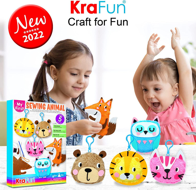 KRAFUN My First Sewing Animal for Kids, Beginner Art and Craft, Includes 5 Easy Projects Stuffed Stitch Animal Dolls, Keyring Charms, Instructions and Felt Materials for Learn to Sew, Embroidery Skills