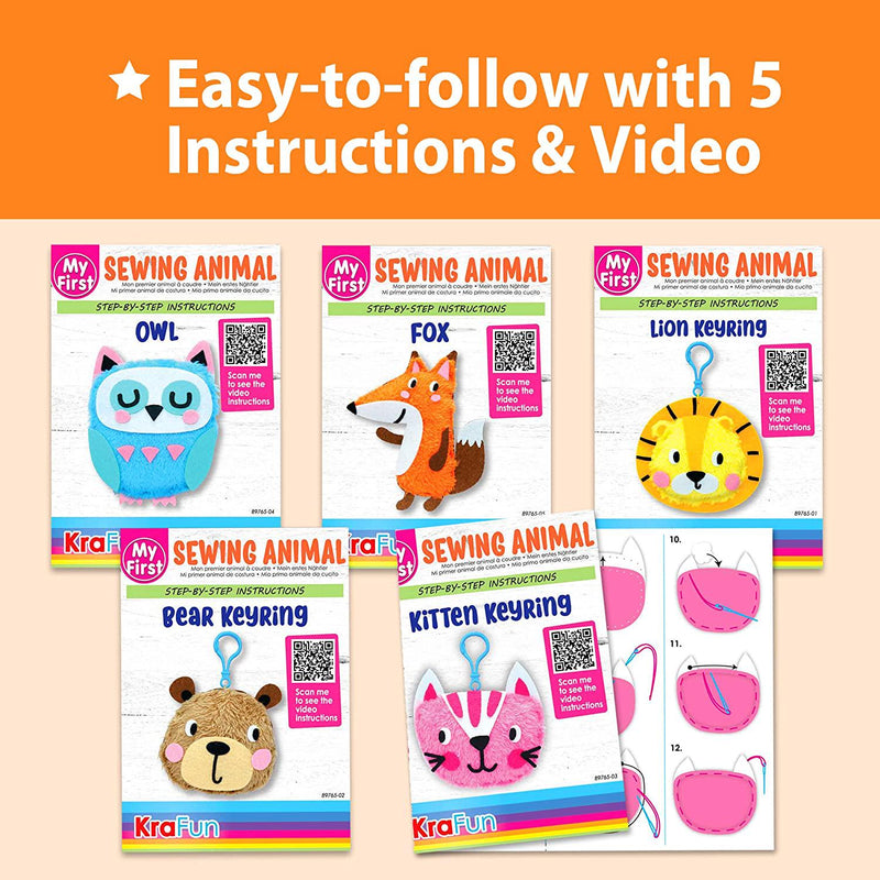 KRAFUN My First Sewing Animal for Kids, Beginner Art and Craft, Includes 5 Easy Projects Stuffed Stitch Animal Dolls, Keyring Charms, Instructions and Felt Materials for Learn to Sew, Embroidery Skills