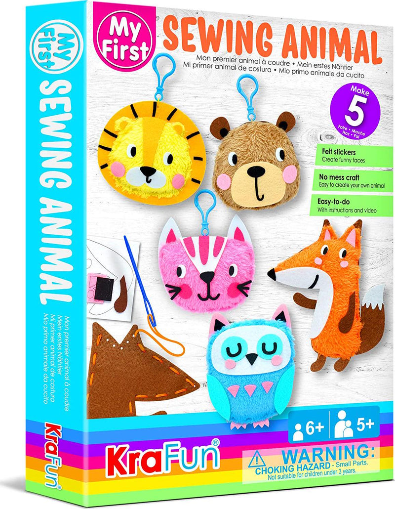 KRAFUN My First Sewing Animal for Kids, Beginner Art and Craft, Includes 5 Easy Projects Stuffed Stitch Animal Dolls, Keyring Charms, Instructions and Felt Materials for Learn to Sew, Embroidery Skills