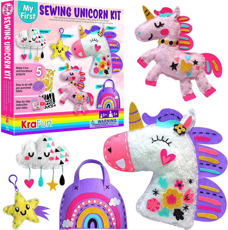 KRAFUN My First Unicorn Kids Sewing kit, Beginner Arts and Crafts, Make 5 Cute Projects with Plush Stuffed Animal, Pillow, Mobile, Keyring and Bag, Instructions and Felt for Learn Sewing, Embroidery