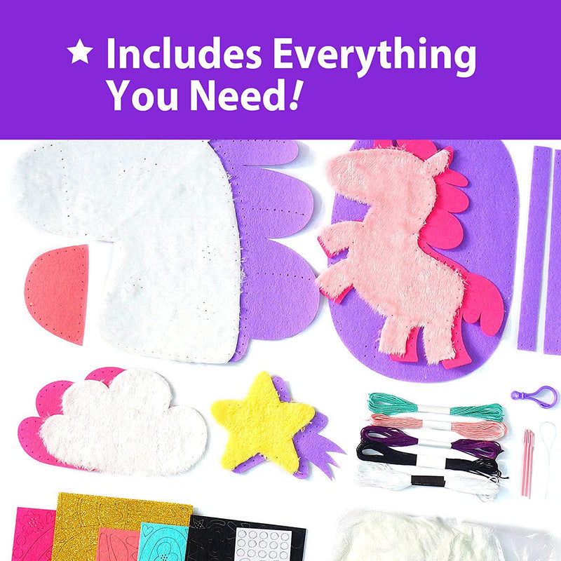 KRAFUN My First Unicorn Kids Sewing kit, Beginner Arts and Crafts, Make 5 Cute Projects with Plush Stuffed Animal, Pillow, Mobile, Keyring and Bag, Instructions and Felt for Learn Sewing, Embroidery