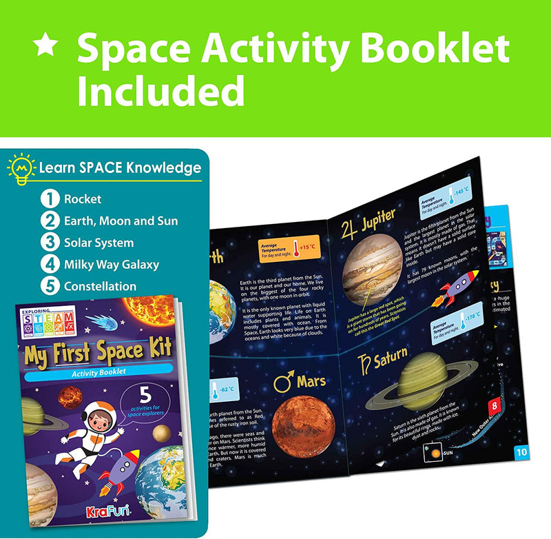 KRAFUN Outer Space Exploration Kit for Kids, 5 Educational STEM Activities - Make DIY Rocket LED Lamp, Board Game, 3D Decor, Solar System Astronaut Gift for Boys, Girls Aged 5-10
