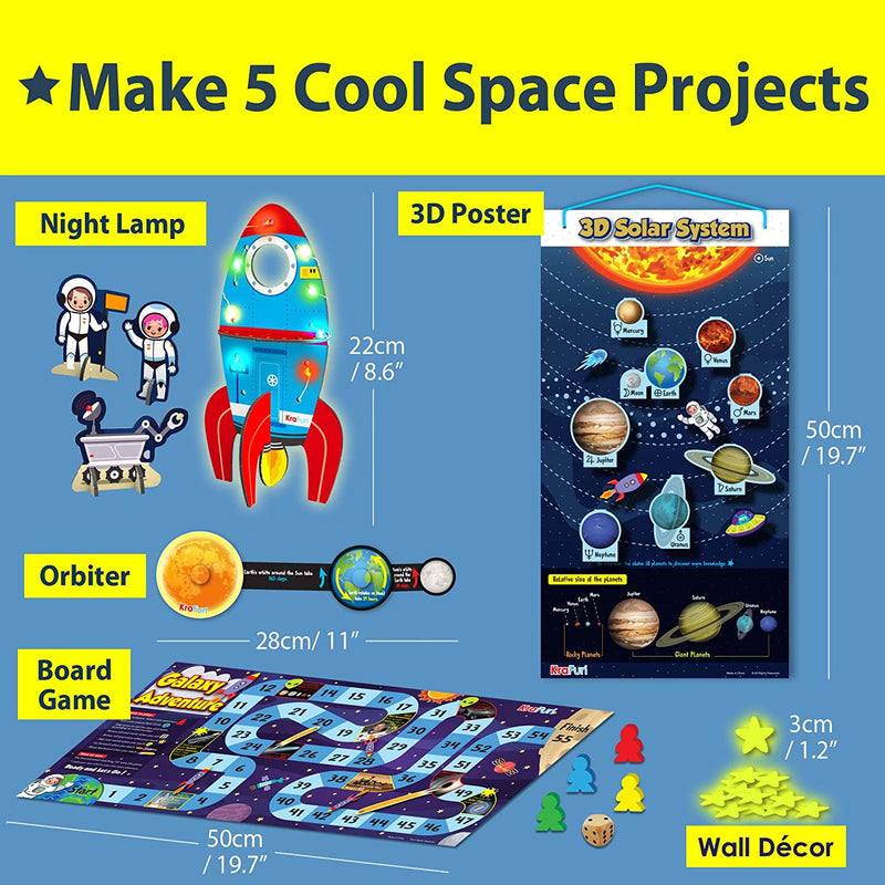 KRAFUN Outer Space Exploration Kit for Kids, 5 Educational STEM Activities - Make DIY Rocket LED Lamp, Board Game, 3D Decor, Solar System Astronaut Gift for Boys, Girls Aged 5-10