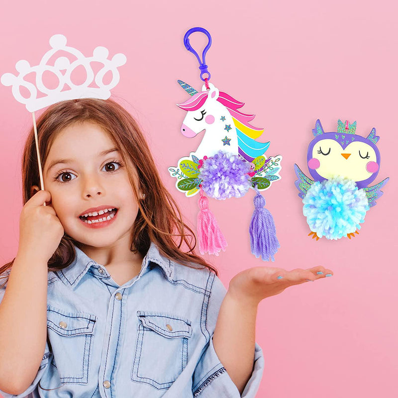 KRAFUN Unicorn Pom Pom Character Animal Arts and Crafts Kit, Includes 12 Mini Pom Pets Keyrings and Charms, Instructions, Tools and Materials, Beginner Plush Project for Boys and Girls