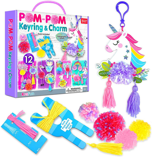 KRAFUN Unicorn Pom Pom Character Animal Arts and Crafts Kit, Includes 12 Mini Pom Pets Keyrings and Charms, Instructions, Tools and Materials, Beginner Plush Project for Boys and Girls