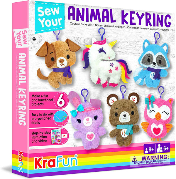 KRAFUN Unicorn Sewing Keyring Kit for Kids Age 7 8 9 10 11 12 Learn Art and Craft, Includes 6 Stuffed Animal Bear, Dog, Rabbit, Raccoon, Owl Dolls, Instruction and Felt Materials