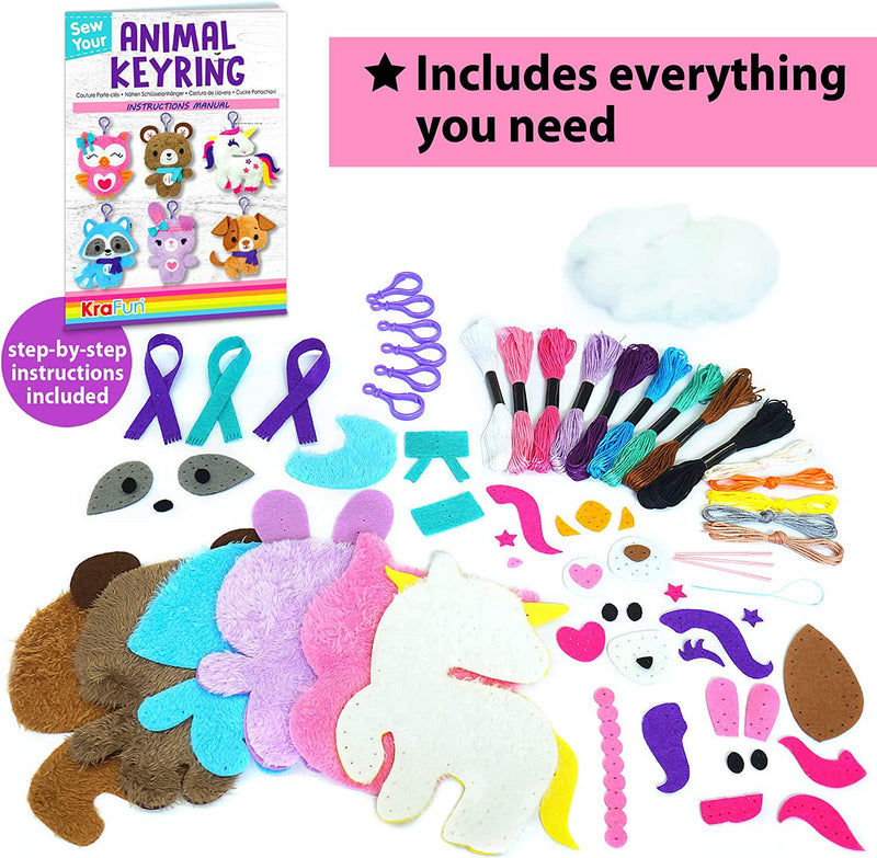KRAFUN Unicorn Sewing Keyring Kit for Kids Age 7 8 9 10 11 12 Learn Art and Craft, Includes 6 Stuffed Animal Bear, Dog, Rabbit, Raccoon, Owl Dolls, Instruction and Felt Materials