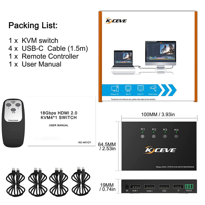 KVM Switch HDMI 2 Port Box,USB Switch Selector with 4 USB 3.0 Hub Share 2  PC