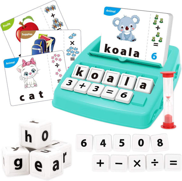 KaeKid Kids Learning Toys for 3 4 5 6 7 8 Year Olds, Matching Letter Spelling Games with 32 Flash Cards, Math Learning Preschool Educational Game, Birthday Boys Girls (Green)
