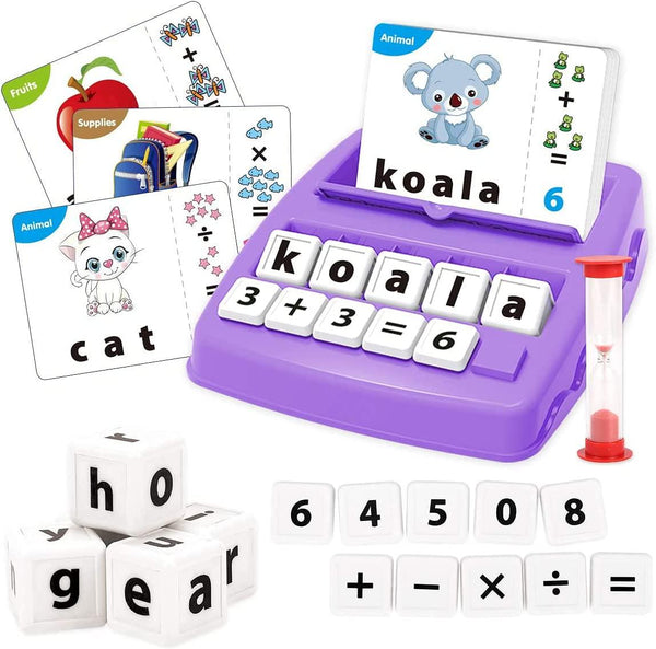 KaeKid Kids Learning Toys for 3 4 5 6 7 8 Year Olds, Matching Letter Spelling Games with 32 Flash Cards, Math Learning Preschool Educational Game, Birthday Boys Girls (Purple)