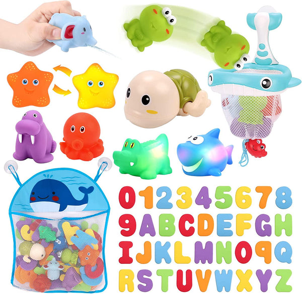 KaeKid Toddlers Bath Toy, Water Spraying Discoloration Light-Up Floating Animals Bath Toys Set, Foam Bath Letters and Numbers Bath Toy, Water Toys for Kids Boys Girls
