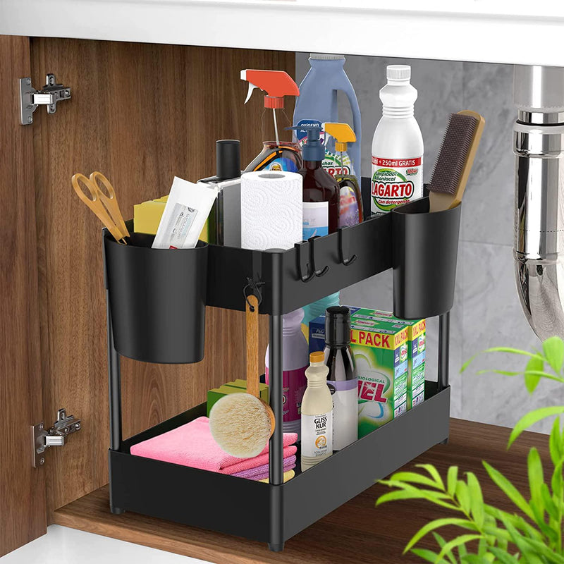 2-Pack Under Sink Organizers and Storage with Sliding Drawer, 2-Tier  Bathroom Under Sink Shelf Rack W/Hanging Cups, Multipurpose Kitchen Under  Cabinet Organizer Baskets 
