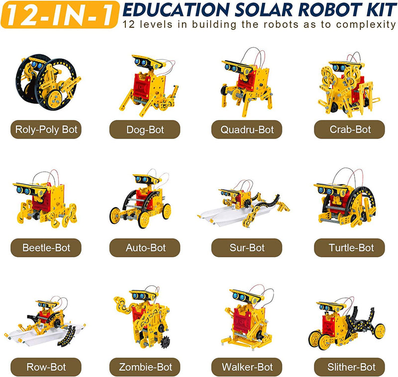 KooQii Upgrade STEM 12 in 1 Education Solar Robot Toys, Solar and Cell Powered 2 in 1 DIY Building Learning Science Experiment Kit for Kids Aged 8-12 and Older