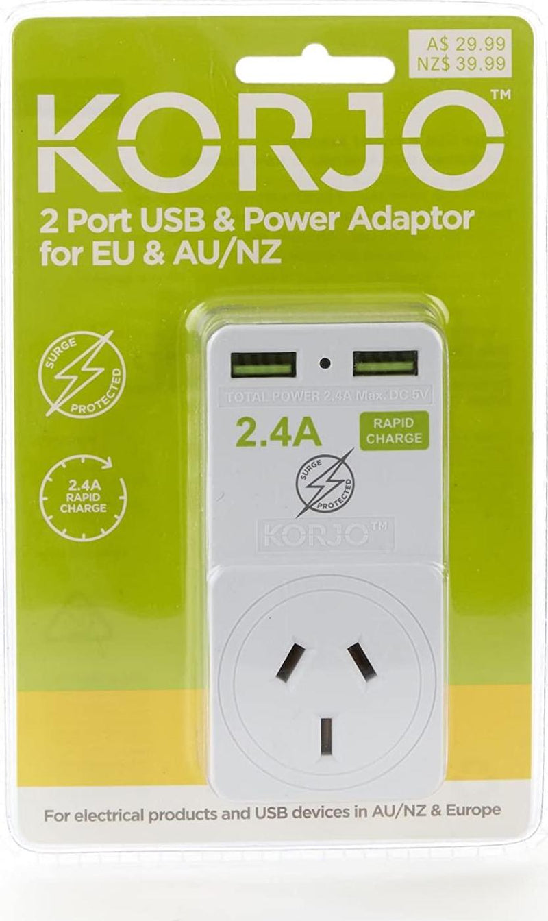 Korjo EU USB Power Adaptor, 2X USB Sockets, 1x AUS/NZ Socket, for Europe