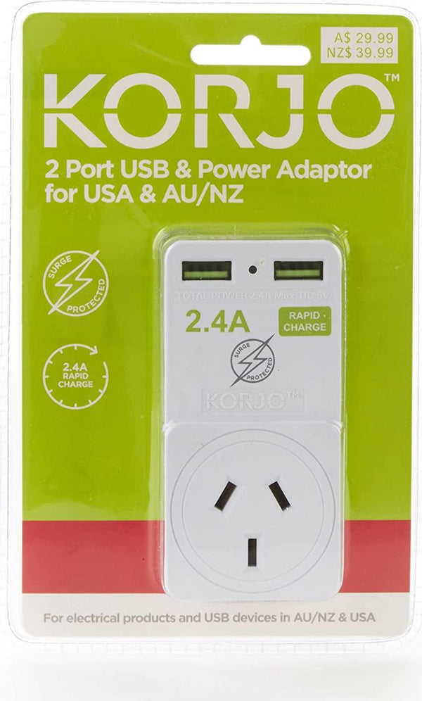 Korjo US USB Adaptor Australia, 2X USB Sockets, 1x AUS/NZ Socket, for USA, America, Canada, White