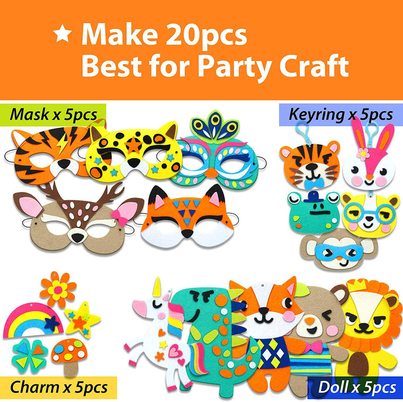 KraFun Beginner My First Sticky Felt Kit Animal for Kids Art and Craft, Includes 24 Easy Projects for Party Masks, Dolls, Keyrings and Charms, Instruction and Felt Materials for Learning DIY Skills
