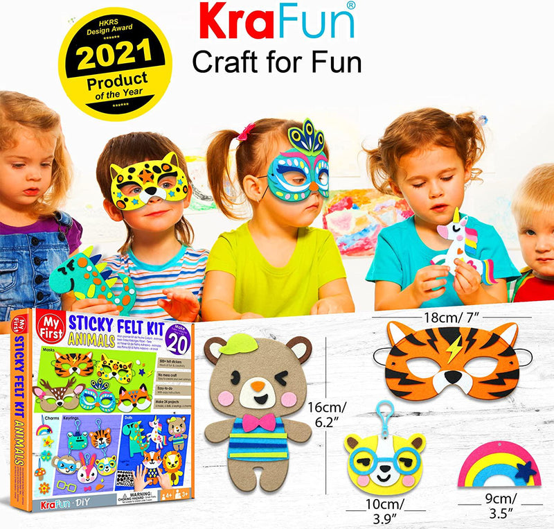 KraFun Beginner My First Sticky Felt Kit Animal for Kids Art and Craft, Includes 24 Easy Projects for Party Masks, Dolls, Keyrings and Charms, Instruction and Felt Materials for Learning DIY Skills