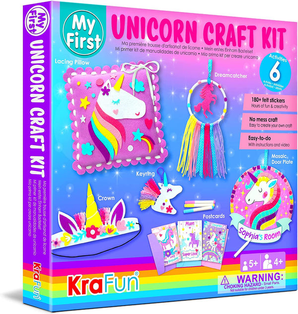 KraFun My First Unicorn Art and Craft Kit for Young Kids Beginner, Includes 6 Animal Projects, Instructions and Felt, Paper Materials for Learning to Lace, Sew, Coloring, Make Dreamcatcher, Mosaic Charm