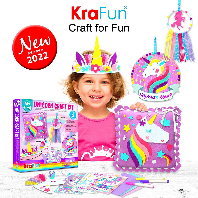 KraFun My First Unicorn Art and Craft Kit for Young Kids Beginner, Includes 6 Animal Projects, Instructions and Felt, Paper Materials for Learning to Lace, Sew, Coloring, Make Dreamcatcher, Mosaic Charm
