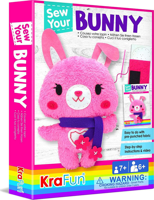 KraFun Sewing Kit for Kids Beginner My First Art and Craft, Includes Bunny Doll Stuffed Animal, Instructions and Plush Felt Materials for Learn to Sew, Embroidery, Age 7 8 9 10 11 12