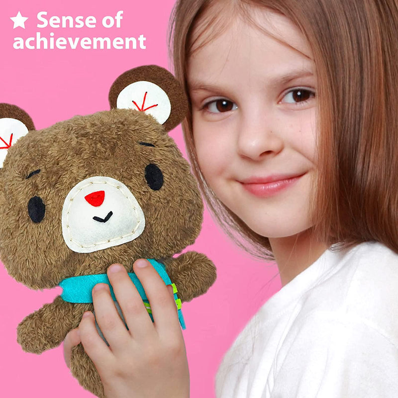KraFun Sewing Kit for Kids Age 7 8 9 10 11 12 Beginner My First Art and Craft, Includes 3 Stuffed Animal Dolls, Instruction and Plush Felt Materials for Learn to Sew, Embroidery Skills - Teddy and Friends