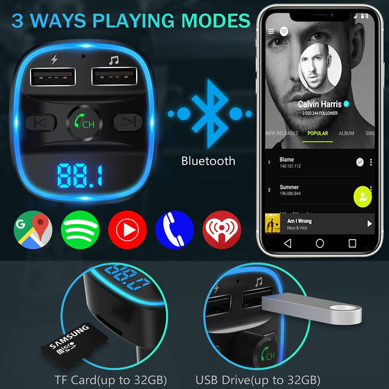 LENCENT Bluetooth 5.1 Car Wireless FM Transmitter Adapter 2 USB PD