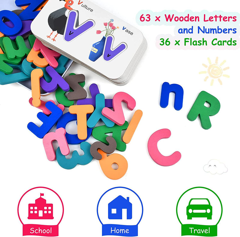 LIKEE Alphabet Number Flash Cards (36 Cards& 63 Wooden Blocks)