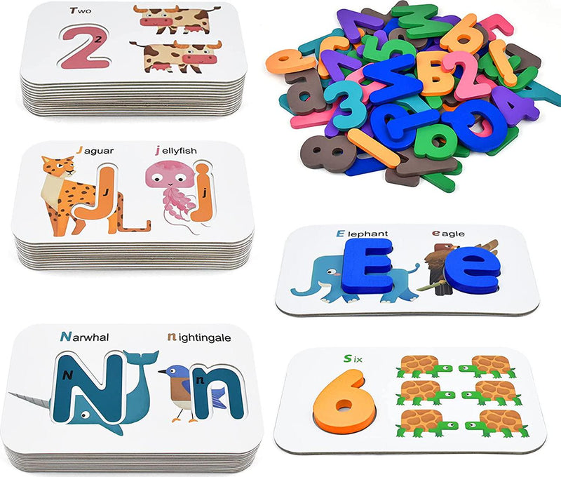 LIKEE Alphabet Number Flash Cards (36 Cards& 63 Wooden Blocks)