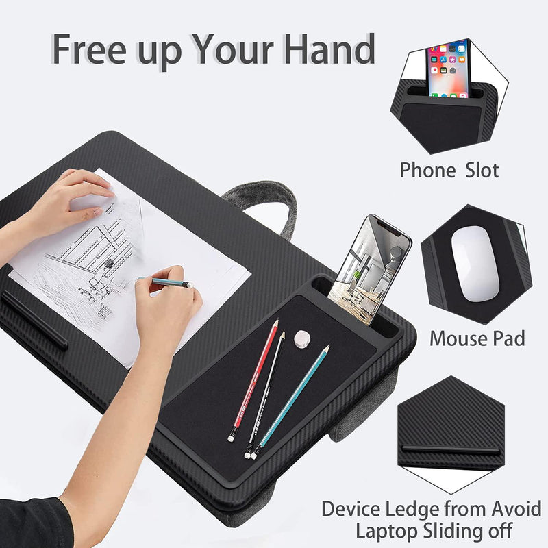Lap Desk - Portable Laptop Desk with Device Ledge, Mouse Pad and Phone Holder , Fits up to 15.6inch Laptop Tablet Black Laptop Stand for Home Office Writing Desk and Drawing