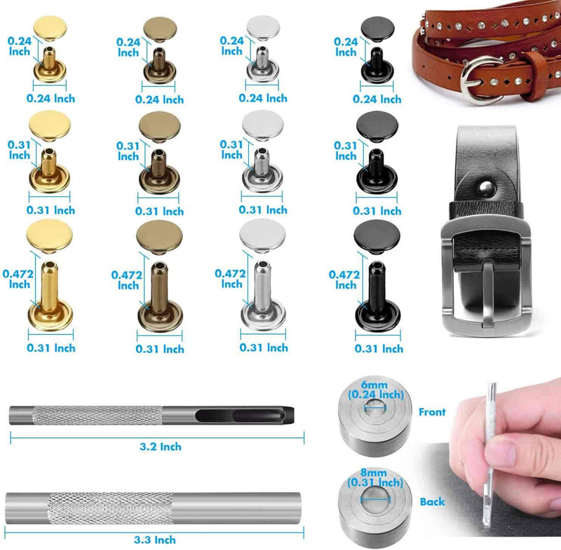 Leather Rivets Kit, Shynek 360 Sets Double Cap Brass Rivets Leather Studs with Setting Tools for Leather Repair and Crafts, 4 Colors and 3 Sizes