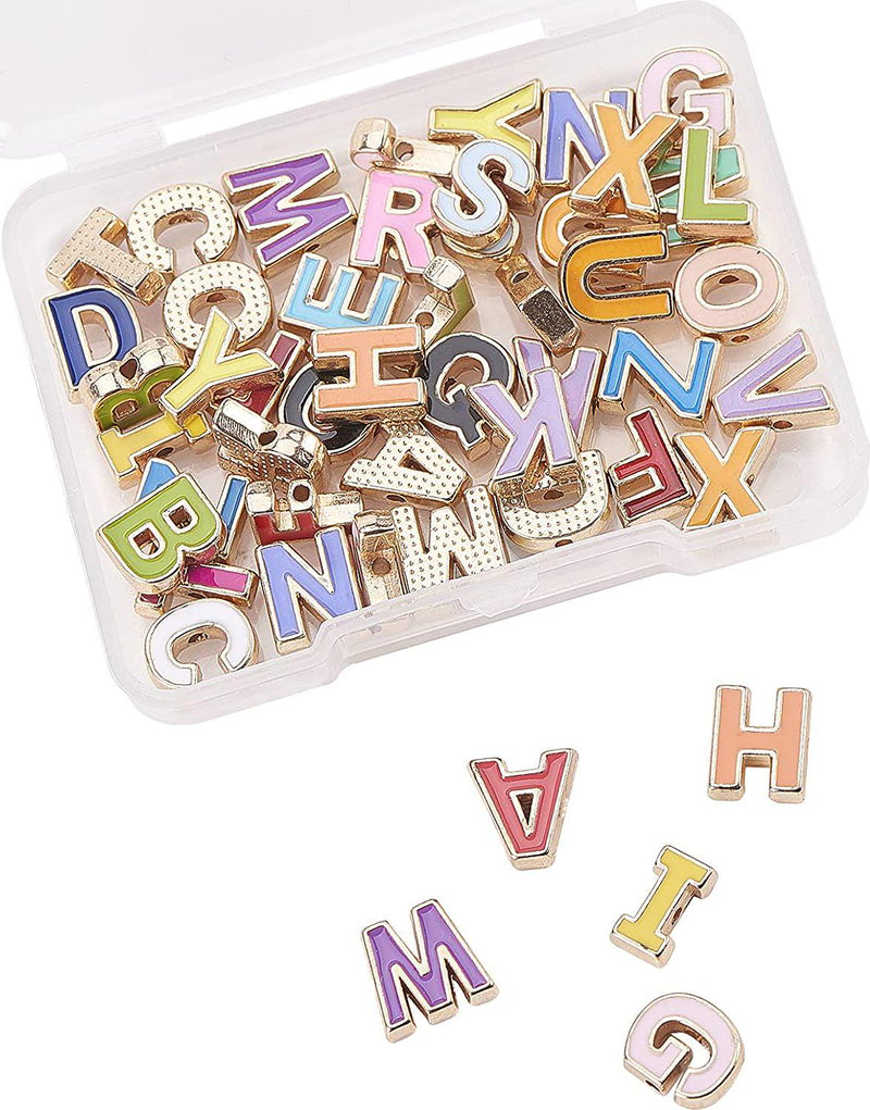 LiQunSweet 50 Pcs Randomly Sent Alphabet Letter Metal Alloy Tiny Enamelled Charming Beads Bulk Lot for Initial Word Jewellery Making DIY Crafting - 9.5x5mm