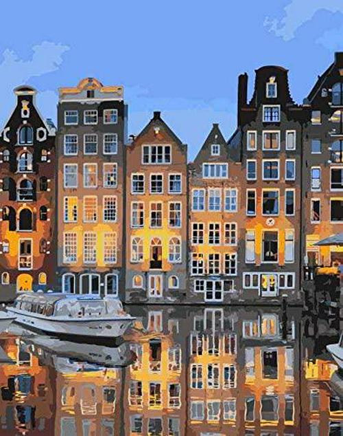 Likeyfactory Paint by Numbers Kit for Adults Kids on Canvas with Paintbrushes Color Acrylic DIY Drawing Premium Quality Colorwork Paintwork Sunset in Amsterdam 16x20inch