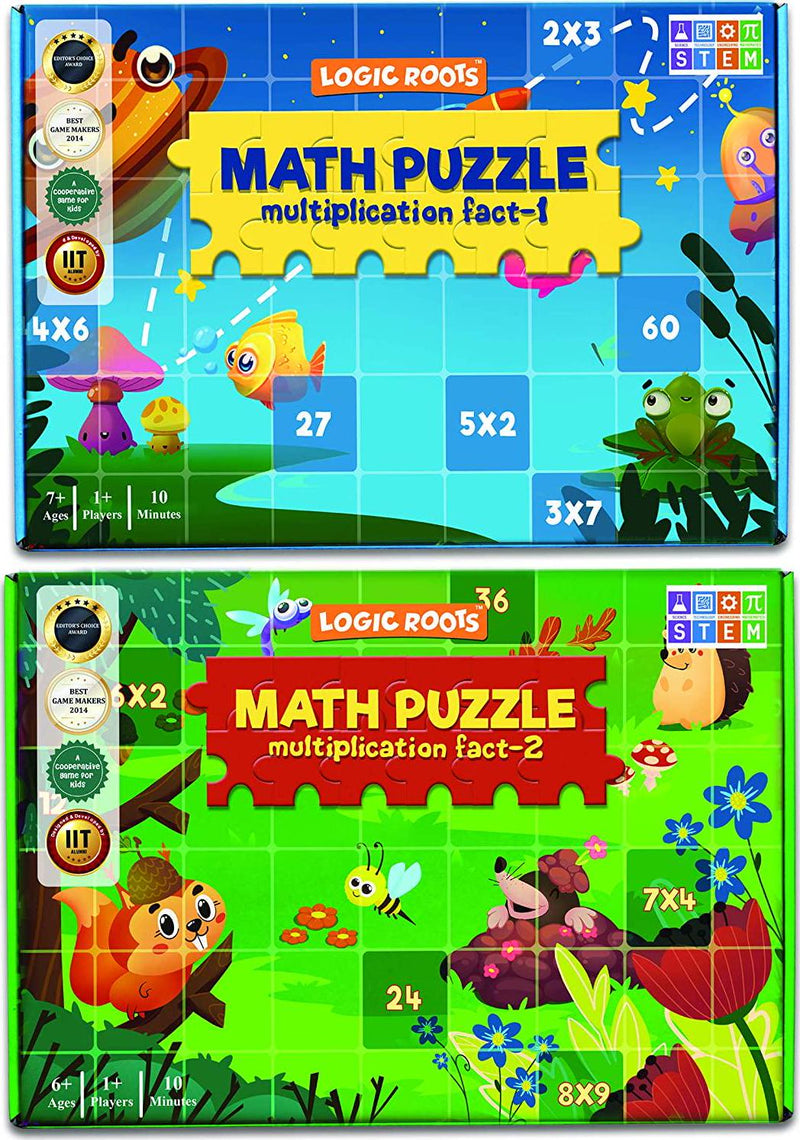 Logic Roots Multiplication Puzzles - Pack of 2 Math Games, Multiplication Table 2-9 Practice, STEM Toys for 7 - 9 Year Olds, Learning Gift for Kids (Girls and Boys), Homeschoolers, Grade 1 and Up