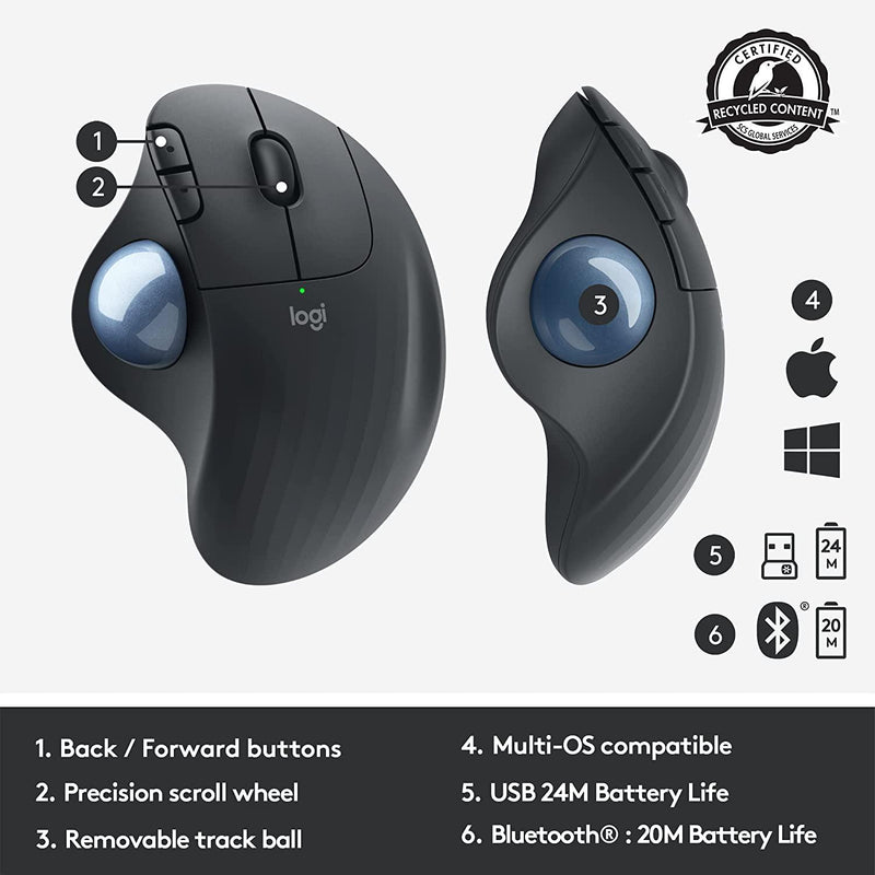 Logitech Ergo M575 Wireless Trackball Mouse - Easy Thumb Control, Precision and Smooth Tracking, Ergonomic Comfort Design, for Windows, PC and Mac with Bluetooth and USB Capabilities - Black