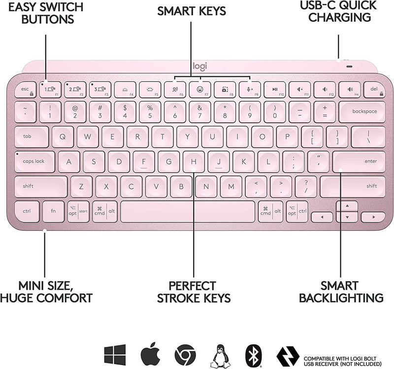 Logitech MX Keys Mini Minimalist Wireless Illuminated Keyboard, Rose