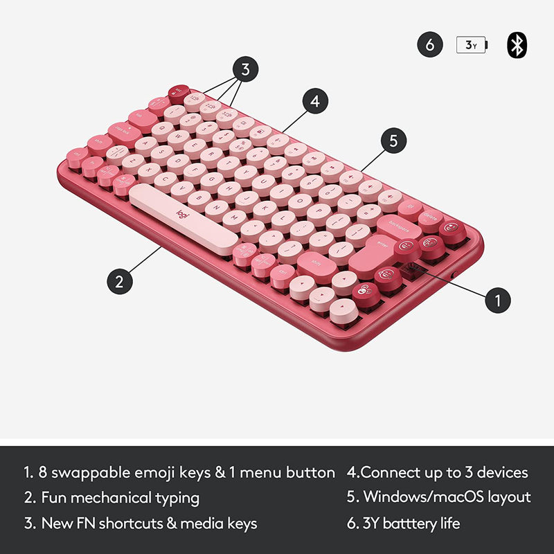 Logitech POP Keys Wireless Mechanical Keyboard with Emoji Keys, Hertbreaker Rose