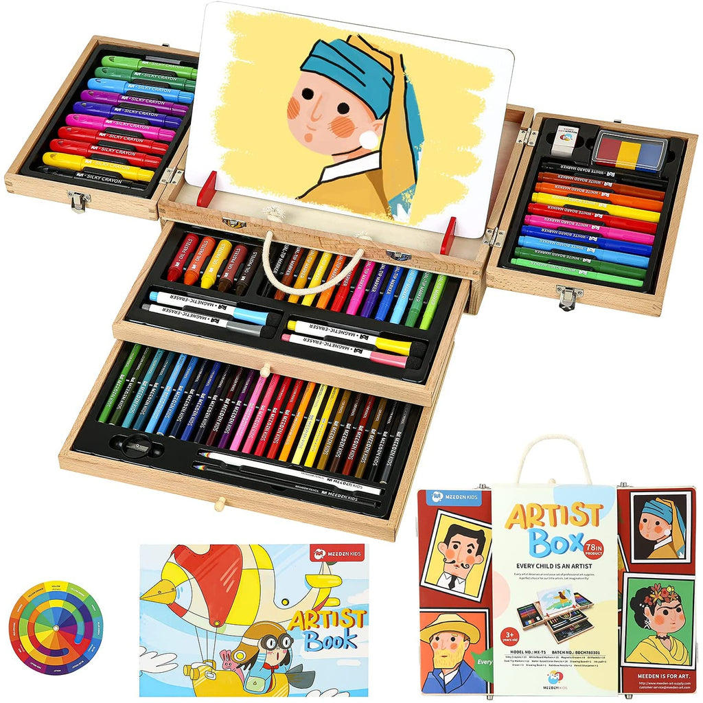 MEEDEN Kids Art Set, 78 Pieces Kids Drawing Set with Portable Beech Wood  Box, Coloring Book, Silky Crayons, Oil Pastels, Colored Pencils and  Painting