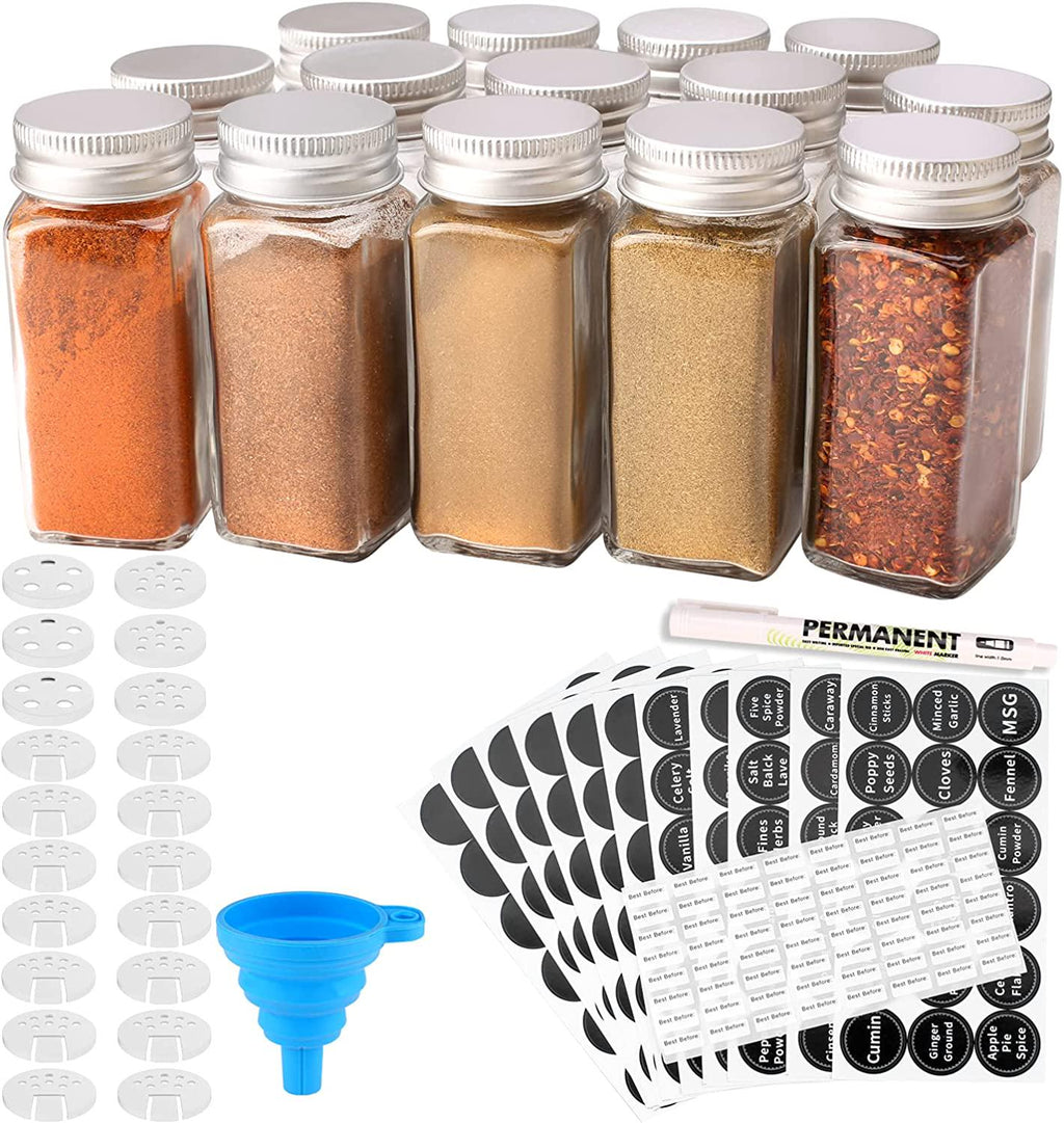 Spice Bottles Empty Glass with Labels 4 Oz - 14 Piece Spice Jars Spice  Container