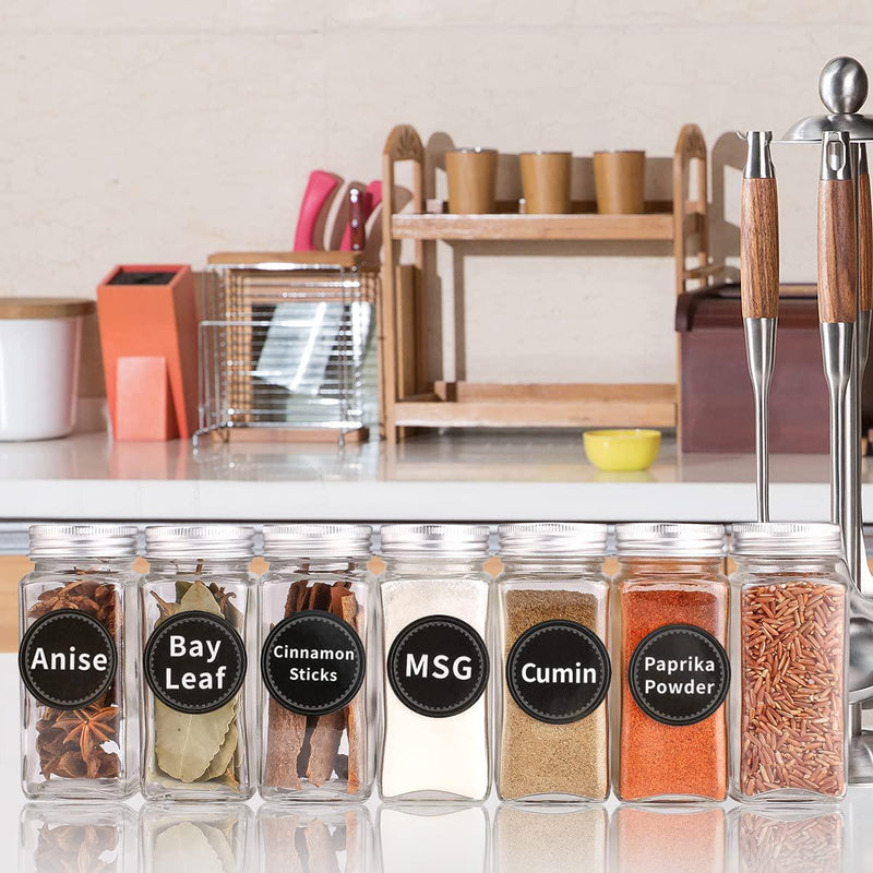 14 Pcs Glass Spice Jars with Spice Labels - 4oz Empty Square Spice Bottles  - Shaker Lids and Airtight Metal Caps - Chalk Marker and Silicone