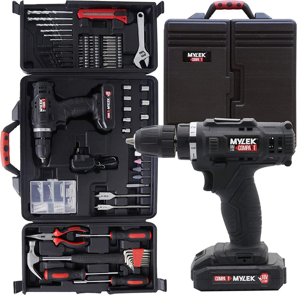 MYLEK 18V Cordless Drill Tool Set Driver DIY Electric Screwdriver Combi Drill Kit, 1500mAh Li-Ion Battery- Variable Speed, LED Light, Lightweight Design - 130-Piece Tool Accessory and Carry Case