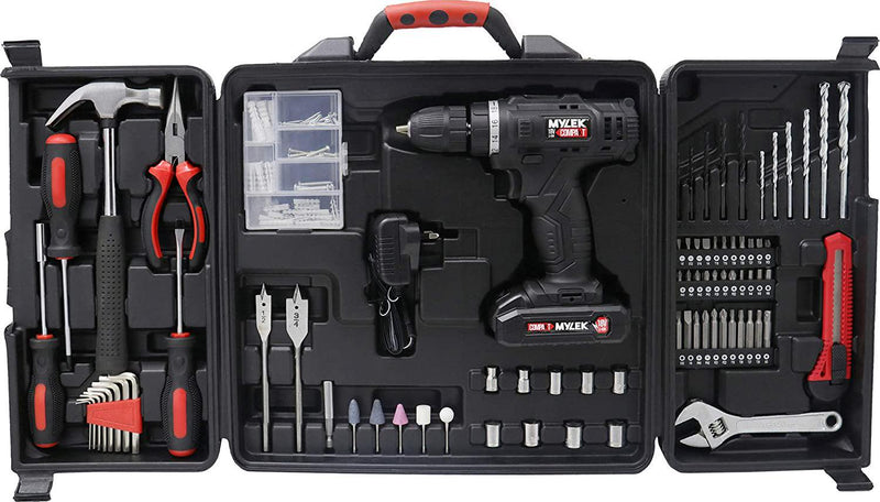 MYLEK 18V Cordless Drill Tool Set Driver DIY Electric Screwdriver Combi Drill Kit, 1500mAh Li-Ion Battery- Variable Speed, LED Light, Lightweight Design - 130-Piece Tool Accessory and Carry Case