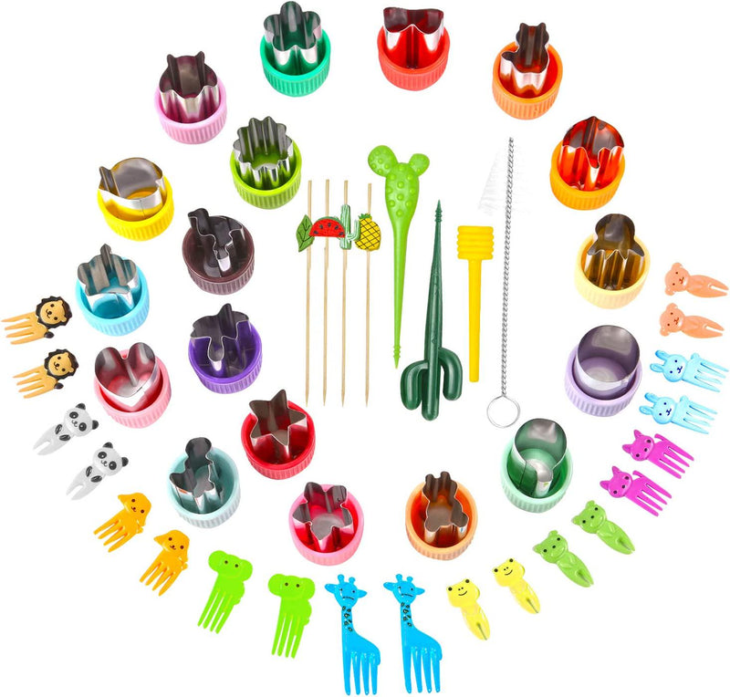Mini Cookie Cutters Set, Including 18 pcs Mini Fruit Cookie Stamps Mold, 20pcs Cartoon Animals Food Picks, 20pcs Bamboo Fruit Sticks, 1pc Cleaning Brush with Storage Box, Bento Box Accessories Kit