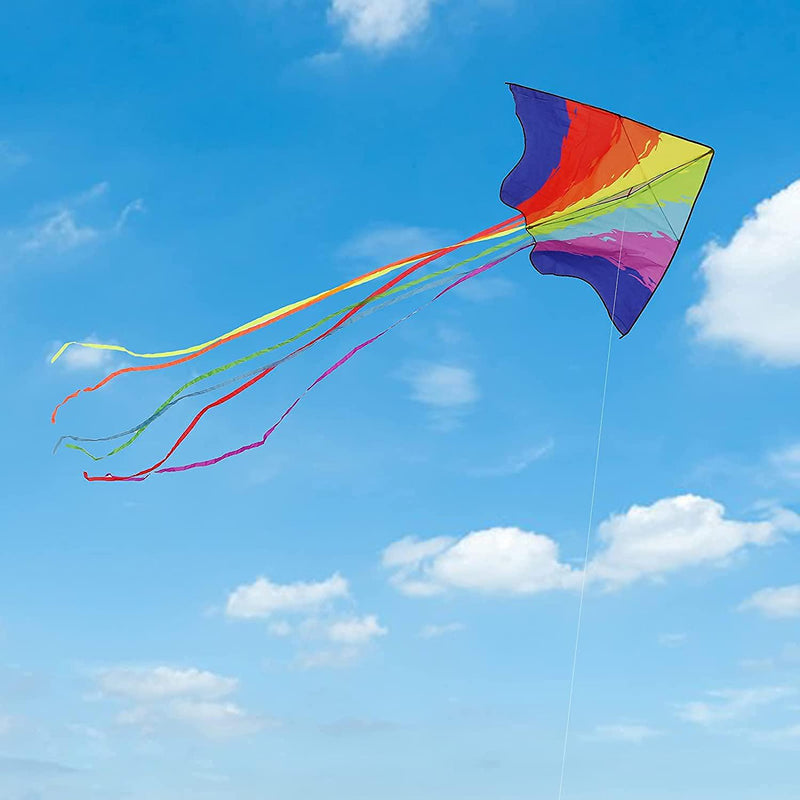 Motiloo Delta Kite for Kids and Adults, Extremely Easy to Fly Kite with 1 Ribbons and 300ft Kite String, Best Kite for Beginner Beach Kites Flyer for Outdoor Activities for Kids (Rainbow Kite)