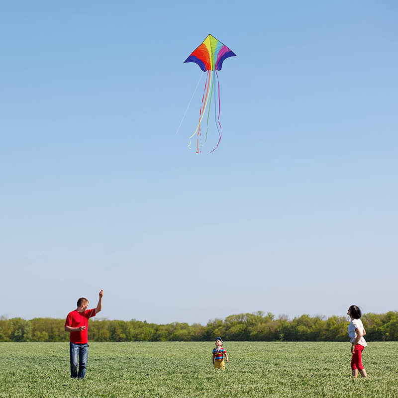 Motiloo Delta Kite for Kids and Adults, Extremely Easy to Fly Kite with 1 Ribbons and 300ft Kite String, Best Kite for Beginner Beach Kites Flyer for Outdoor Activities for Kids (Rainbow Kite)