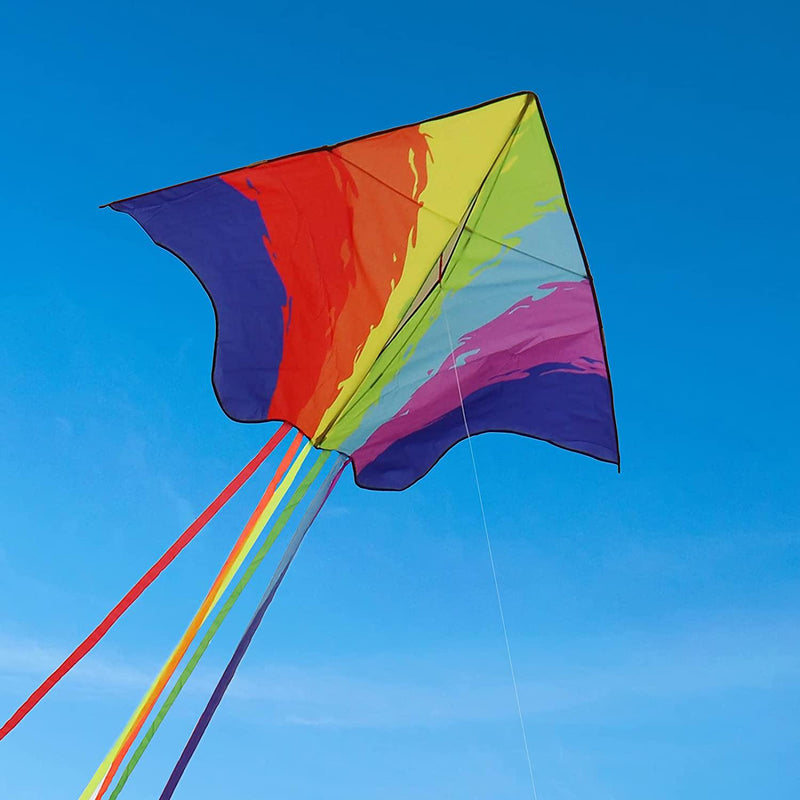 Motiloo Delta Kite for Kids and Adults, Extremely Easy to Fly Kite with 1 Ribbons and 300ft Kite String, Best Kite for Beginner Beach Kites Flyer for Outdoor Activities for Kids (Rainbow Kite)