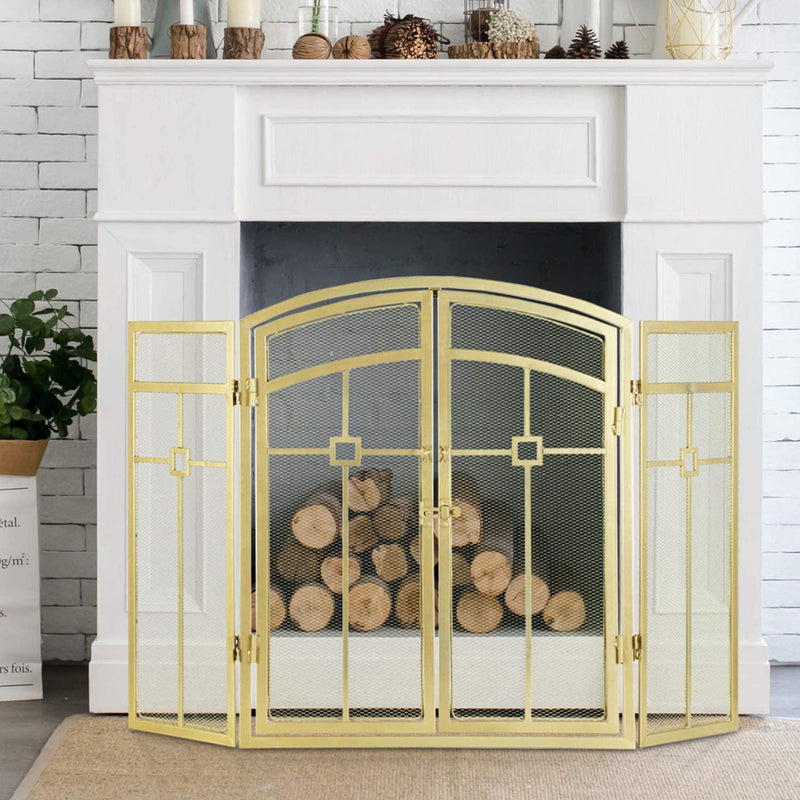 MyGift 3-Panel Classic Gold-Tone Metal Living Room Fireplace Screen with Magnetic Hinge Doors, Mesh Fire Spark Guard Protector Screens