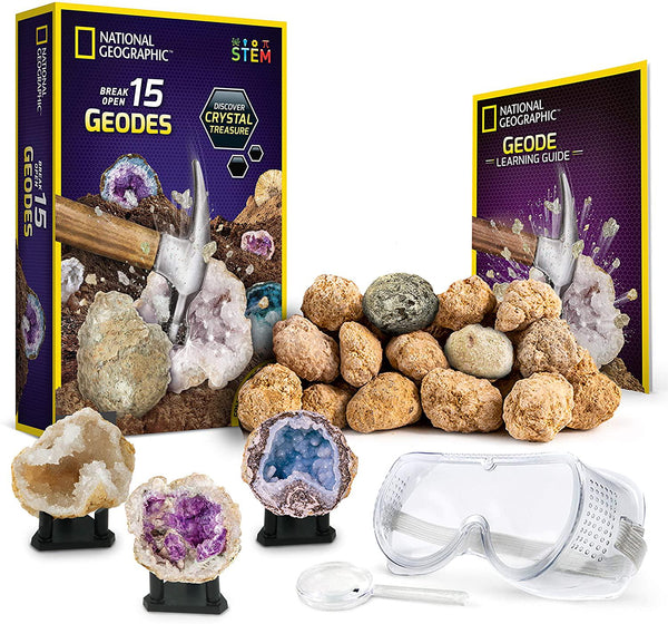 NATIONAL GEOGRAPHIC - Break Open 15 Premium Geodes Includes Goggles, Detailed Learning Guide and 3 Display Stands - Great STEM Science Gift for Mineralogy and Geology Enthusiasts of any Age