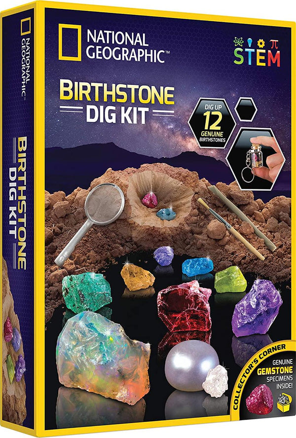 NATIONAL GEOGRAPHIC Birthstone Dig Kit - STEM Science Kit with 12 Genuine Birthstones, Includes a Real Diamond, Ruby, Sapphire, Pearl, and More, Dig Up Stunning Gemstones, Toys for Girls, Toys for Boys