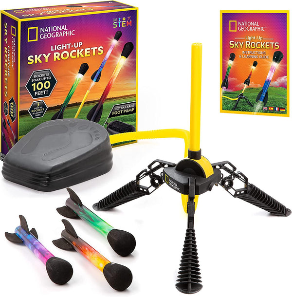NATIONAL GEOGRAPHIC Air Rocket Toy Ultimate LED Rocket Launcher for Kids, Stomp and Launch the Light Up, Air Powered, Foam Tipped Rockets up to 30.5 Meters, Great Toy for Kids Outdoor Activities