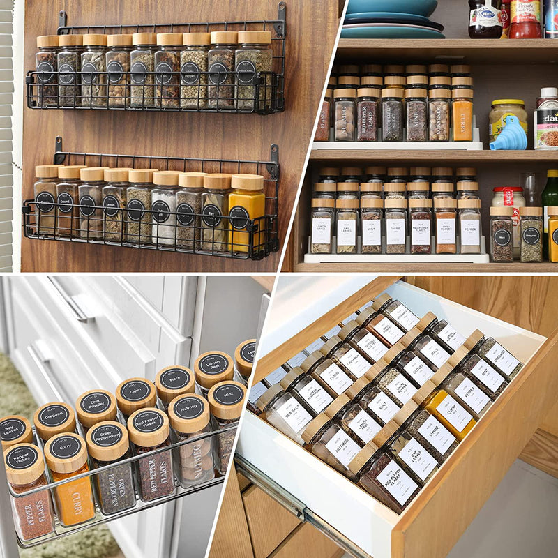 Set of 24 Glass Spice Jars with Various Labels, Bamboo Shaker Lids &  Funnel, Kitchen Storage Jars with Airtight Lid, Spices & Seasonings Sets
